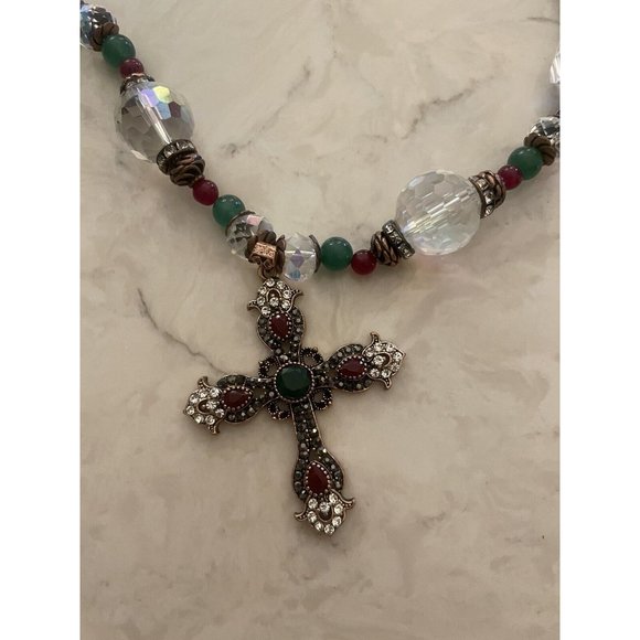 Aurora Borealis Rhinestone Cross Pendant Colorful Glass Bead Necklace Estate - Picture 12 of 12